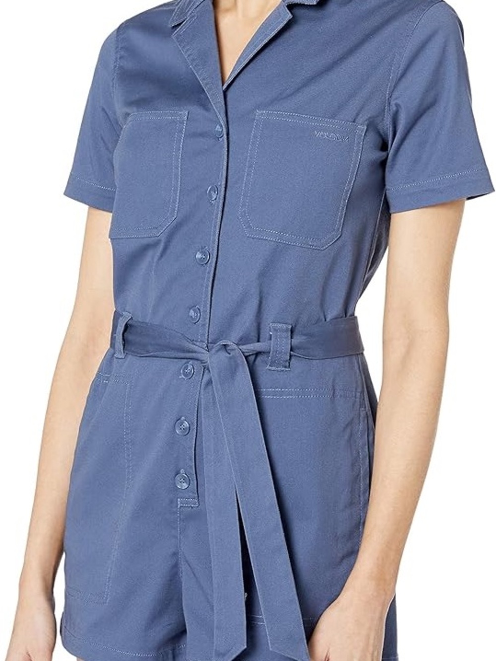 Like New Volcom Vintage Women's Short Sleeve Utility Romper in Dusty Blue